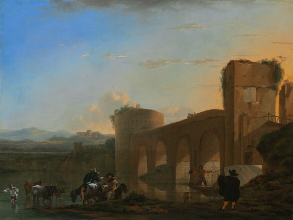 A stone bridge with turrets at each end spans a placid river in this horizontal landscape painting. The bridge takes up the right half of the composition, moving from the right edge of the canvas back and to our left. The horizon line comes about a quarter of the way up the painting so much of the tan-colored bridge is nearly silhouetted against the sky. The sun, low in the sky to our right, angles sharply through the four large stone arches of the bridge. The sky glows with golden light along the right side of the composition, and deepens to pale and then aquamarine blue to our left. Vegetation hangs down from the tops of tower-like structures rising at each end of the bridge. Along the shadowed riverbank, close to us, two men on horseback talk and gesture toward the bridge. Another standing to our right seems to point to a man in a boat near the shore, who stands with his arms spread. A dog looks at the man in the boat, and another man herds three cows through the water, near the lower left corner of the painting. All of the men except the cowherd wear or hold wide-brimmed hats and wear jackets and stockings in black, yellow, navy blue, or crimson red. The riverbank opposite us us sheer and rocky, but details are difficult to make out in the shadows there. Beyond the riverbank, sunlight brushes the tops of rolling green hills. Two buildings with low towers sit among the hills in the distance. Mountains beyond become more blue in the hazy light along the horizon.
