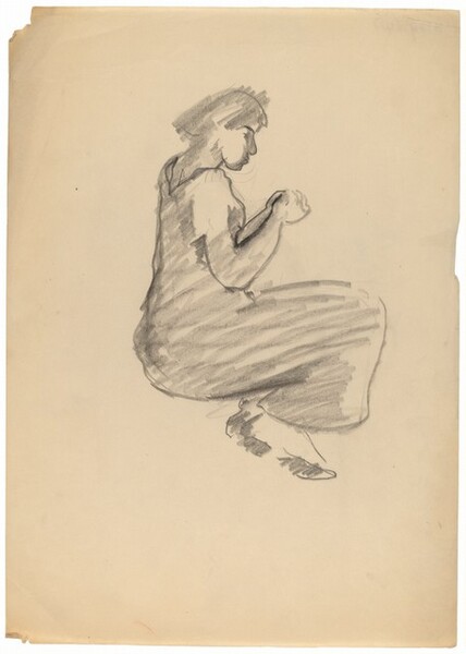 Seated Woman in Long Dress, Hands Clasped in Lap