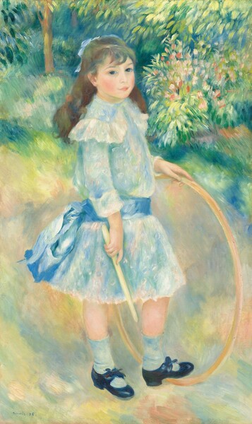 A young girl with pale skin and long brown hair looks at us as she braces a tall, wooden hoop with one hand by her hip in this vertical painting. The girl stands close to us with her body angled to our right, and she looks at us from the corners of her dark blue eyes. Her delicate nose, rosy cheeks, and closed, rose-pink lips are set in a heart-shaped face. She has wavy, chestnut-brown hair that falls loosely around her shoulders. Bangs brush across her forehead, and her hair is pulled back in half, tied in a pale blue ribbon. She wears a sky-blue dress with a ruffle around the wide collar. The long sleeves are rolled back over her wrists, and the dress is tied at the waist with an aquamarine-blue sash tied into a bow at her lower back. The knee-length skirt flares out from the waist. She wears ice-blue socks pulled halfway up her shins and black, low-heeled Mary Jane-style shoes tied with bows over the arches. One foot turns to rest on the bottom edge of the wooden hoop she braces with her left hand, farther from us. She holds a short stick by her side with the other hand. The ground around her is painted with blended areas of muted topaz blue, peach, and canary yellow. The top third of the background is a loosely painted garden, with lime and spring-green leaves, and a cluster of shell-pink flowers to our right. The artist signed and dated the painting in the lower left corner, “Renoir. 85.”
