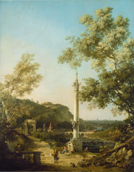 We look slightly down across a sun-drenched plaza with people scattered among ruins, buildings, and around a freestanding column in this vertical landscape painting. The people we can see have light skin. Towering trees with celery, sage, and forest-green leaves frame a small plaza paved with flax-colored stones. A tree to our right almost reaches the top of the painting, and a shorter tree in front of it has toppled onto the plaza. To our left, in the lower corner, a man sits behind a shadowy balustrade, looking down. In the lower center of the painting, a man walks towards us holding a basket over one arm and dead poultry in the other hand, and a dog sits nearby. Slightly further back stands a tall stone column with a door in its base and a statue on top. A woman wearing a coral-red shirt and ocean-blue skirt sits on a step in front of the door. Along the left side, the plaza gives way to a tree-lined, dirt road that meanders toward a stone arch in the middle distance, and to a cluster of low buildings beyond. Two towers catch the light, one with a slate-blue dome and the other with a peach-colored steeple. Farther back from the buildings is a dark line of trees at the base of a steep green hill dotted with groves of trees, which rises high over the plaza below. Another complex of buildings glowing in warm tones of straw yellow sit at its top. Small dots of red, white, and blue suggest a handful of people making their way up the hill’s wide path. A river with moss-green water pouring over a dam extends from the lower right corner into the distance along the right edge of the painting. Near the column, a man fishes at the water’s edge. The water winds back to a row of silvery-grey buildings in the far distance. Several people in red, yellow, or white, tiny in scale, dot the riverbanks and cross the bridge. A screen of thin, pale pink clouds float across the pale, aquamarine-blue sky.