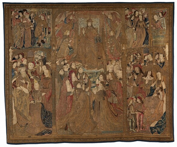 This horizontal tapestry is divided into three vertical sections by architectural columns and arches. The center column is a little wider than those to either side, but all three sections are packed with people, all with ivory-white skin. In the center column, a crowned Jesus is seated on a throne at the top center. His elaborately patterned robe falls in folds down past his feet. He hovers above a landscape view, which is flanked in the foreground by groups of men and women. About a dozen people are clustered on each side, many of them looking up at Jesus, and most of them wearing religious garments that range from monks and nuns to cardinals and bishops. Two crowned men kneel to our right in the center panel, their hands pressed together in prayer. Each column on either side of the central panel is divided so there is a smaller vignette above taller vignettes below. Large groups of people gather in each scene. Much of the tapestry’s surface is now brown, but it is punctuated throughout with patches of rust red, sky blue, and pale yellow.