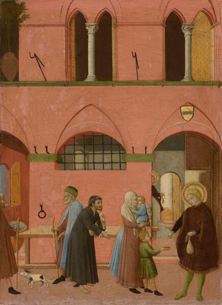 Enclosed within the pale, peach-colored walls of a courtyard, two women with two children and three men line up before a man with a gold halo standing in the lower right corner in this vertical painting. All the people have pale or olive-toned skin except for one man, to our left, who has a light brown complexion. The cleanshaven man to our right, Saint Anthony, has light skin, short blond hair, and he wears a gold-trimmed, burgundy-red cloak and pale green hose. His disk-like gold halo has a band of rings near its perimeter. In his left hand, closer to us, he holds a white cloth purse by its strings, as he offers coins with his right right hand. The boy receiving the coins in a shallow bowl has blond hair and is dressed in a spring-green cloak, with yellow hose and black shoes. He stands next to a woman wearing a patched, caramel-brown dress and a cream-white veil over her head, neck, and shoulders. She holds a blond infant wearing sky blue. Another woman, stooped with age, hair also veiled, stands with them. This group of four all have pale skin. Behind this group and to our left is a man with an olive complexion and a black beard and hair. He wears a fraying black robe. His chemise pokes through a hole in his right sleeve and he leans forward on bare feet. He holds an ivory-white object, perhaps a cloth or bread, by his mouth with the hand farther from us. Behind him a taller, older man, with white hair and beard walks to our left with his eyes closed, steadied by a staff and led by a small black and white dog on a rope. He wears a green cap, topped with black fur, and a pale blue cape over a brown robe. A bearded man with light brown skin enters the scene from our left, walking staff in hand. He wears a turban-like cap, a brown robe, and black shoes. Through an open, arched doorway to our right, beyond Saint Anthony, a second image of the saint is shown descending a staircase with purse in hand. Also with a gold halo, he approaches another arched opening with a stout wooden door, through which piles of gold coins are heaped. The arcade of the second level of the courtyard fills the top quarter of the painting and extends off the top edge. A shield-shaped coat of arms is shown over the doorway closest to us to our right, with three stars across a gray band against a golden yellow background.