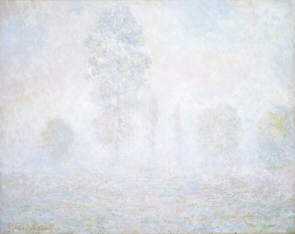 Tall, oval forms slowly emerge against a field of softly painted white, pale sky blue, shell pink, light lilac purple, and faint yellow to become trees in a hazy, foggy field in this nearly square landscape painting. The paint is swept on in short, visible strokes. The tallest tree, reaching almost to the top of the canvas, stands to our left of center. Three shorter, bushier trees, about a quarter the height, flank the tall tree with one to our left and two closer to the right edge. Two narrow trees stand between the tallest one and the bushier pair to our right. The artist signed the work in orange paint in the lower left corner: “Claude Monet.”