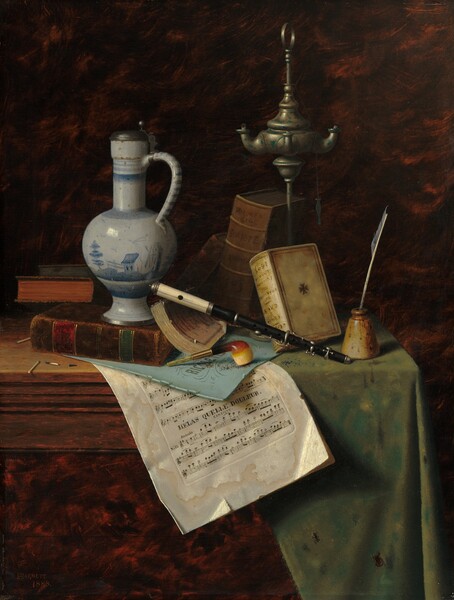 A smoking pipe, piccolo, books, sheet music, an oil-burning lamp, a white and blue pitcher, and a few matches are arranged on a wooden tabletop against a dark background in this vertical still life painting. The black piccolo has a white mouthpiece and is propped on some books at the center of the composition. The piccolo rests on the spine of a paper-bound book, which in turn leans on a volume bound in brown leather tooled with green, red, and gold bands. Under the book, a baby-blue page sits on some sheet music that drapes over the front of the table toward us. The blue cover bears the letters, “RICOLETT” and the sheet music below is labeled, “HELAS QUELLE DOULEUR CANTIQUE.” The edges of the paper are dogeared, tattered, and stained. The short smoking pipe has a rounded brown and ivory bowl, possibly carved from wood, and it rests upside-down on the sheet music. To our left and sitting on the brown book, a white pitcher with a tall neck and handle is painted with a landscape scene in blue on its rounded body over a flaring foot. Two more books are propped behind the brown volume so the dyed edges of the pages, one red and one green, face us. In front of those, one used and two unused matches sit on the tabletop. A white feather writing quill sits in a tapered, ivory-colored inkwell at the front right corner on a stained sage-green cloth that covers the right half of the table. Behind the inkwell and piccolo, two more books lean against a tall, silvery metal lamp, its wicks charred near the burners that extend off the reservoir. One book with a parchment-white cover has been placed upside down but the text “SHAKESPEARE” and “1605” are legible. The spine of a taller, pecan-brown book behind it reads “DANTE.” The background is mottled with shades of dark brown and terracotta red. The artist signed and dated this work with red paint in the lower left corner: “WMHARNETT 1888.”
