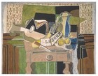 A wood table is piled with stylized and abstracted objects, including a jug, lemons, a knife, guitar, newspaper, and a smoking pipe in this horizontal still life painting. The objects are made up of areas of mostly flat color and many are outlined in black, creating the impression that some shapes are two-dimensional and assembled almost like a collage. We look down onto the top of the table and at the front, where the grain of the wood is painted in tan against a lighter background. Concentric black and white circles make up the knob on the face of the table’s single drawer. There are two rows of objects on the table. Along the front, near the left corner of the table, the knife hangs with its blade slightly over the open drawer. A newspaper with the title “LE JOUR” rests next to the knife. Next to the newspaper are two yellow pieces of fruit, near the front right corner of the table. Behind the fruit, the right third of the pitcher is marine blue and the left two thirds is mostly straw yellow, with one round olive-green area near the handle. Next to the pitcher is a tobacco pipe, and, at the back left edge of the table, the guitar. The instrument rests on its side so the front of the soundboard faces the viewer, and the neck extends to our left. The instrument is bisected lengthwise into two halves that appear to be spliced together, and the edges and features of the halves are not symmetrical or aligned with each other. The bottom half of the guitar is painted a beige color, and is curved like a typical guitar body. The top half is painted black, and the contour of the instrument’s body rises into two pointed peaks instead of mirroring the rounded forms below. The sound hole is markedly smaller on the bottom half, and the two halves of the hole do not exactly line up. A rectangular form behind the table could be a screen. The left side is fern green, the right side black. Behind the screen is a wallpapered wall above wood paneling. The wallpaper is patterned with teardrop shapes, dots, and zigzagging lines in fawn brown against parchment white. The artist signed and dated the painting in the lower right corner, “G Braque 29.”