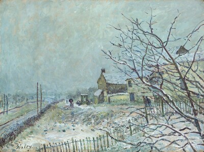 An ice- and powder-blue sky swirled with faint peach takes up the top two-thirds of this landscape painting. A farm, field, road, and fence lie beyond the snow-dusted, spiky branches of a tree jutting into the scene from the lower right corner. The road extends from the bottom left corner into the distance near the left edge of the canvas. The fence cuts across the space closer to us, and the snowy field beyond reflects the cool blues of the sky. The pale green and peanut-brown farmhouse and buildings are topped with pale blue, snow-covered roofs. Dark forms near the road in the distance could be a person or a person and child, and two more people lean into the wind alongside the buildings to our right. The artist signed the lower left corner, “Sisley.”