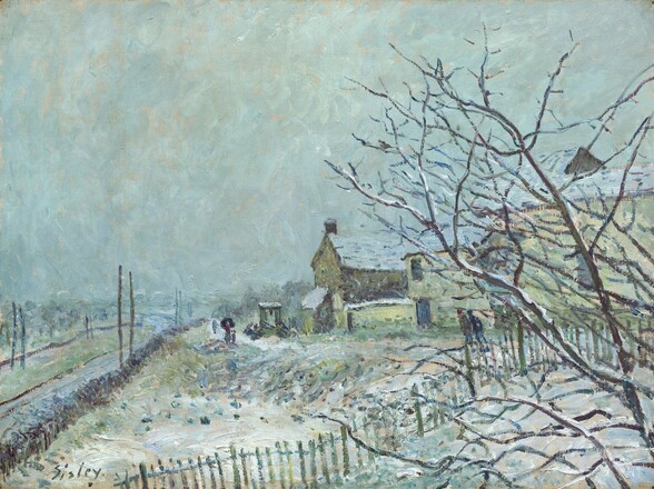 An ice- and powder-blue sky swirled with faint peach takes up the top two-thirds of this landscape painting. A farm, field, road, and fence lie beyond the snow-dusted, spiky branches of a tree jutting into the scene from the lower right corner. The road extends from the bottom left corner into the distance near the left edge of the canvas. The fence cuts across the space closer to us, and the snowy field beyond reflects the cool blues of the sky. The pale green and peanut-brown farmhouse and buildings are topped with pale blue, snow-covered roofs. Dark forms near the road in the distance could be a person or a person and child, and two more people lean into the wind alongside the buildings to our right. The artist signed the lower left corner, “Sisley.”