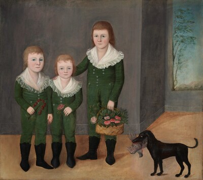 Three pale-skinned, blue-eyed children wearing green suits stand in a row facing us in this horizontal portrait painting. They all have round faces and full, pink cheeks. The tallest child is to the right, and he has shoulder-length cinnamon-brown hair. The other two come up to his shoulder and have blond hair. The tallest puts one arm on the far shoulder of the middle child, and the two smaller children hold hands. Each wears a pine-green, one-piece outfit with pewter-gray buttons, a wide, ivory-white collar lined with ruffles, and black, shin-high boots. The boy on our left holds a branch of dark red cherries. The middle child holds a pink rose, and the tallest a basket filled with pink roses. A black dog holding a gray and mauve-pink bird in its mouth stands in profile facing our left in the lower right corner of the canvas. The room around them has a tan-colored floor and gray walls. The room opens onto an alcove to our right with a rectangular window. A slender tree is along the left edge of the opening and a few pale, pink-tinged gray mountains line the bottom edge. Clear blue sky fills the rest of the window.