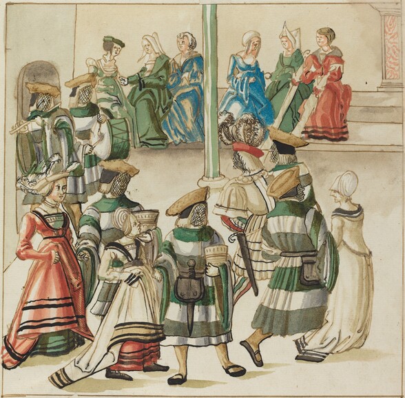Three Dancing Couples Led by Two Knights in Room with Column