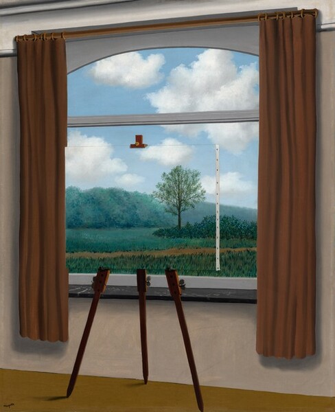 An interior window framed by brown curtains shows a view into a landscape with grass, shrubs, trees, and a dirt path beneath a blue sky with white clouds in this vertical painting. Upon closer inspection, the three legs of a wooden easel, the clip holding a canvas at the top, and a white, stapled edge draws our attention to the fact that a painted canvas rests directly in front of the window. 