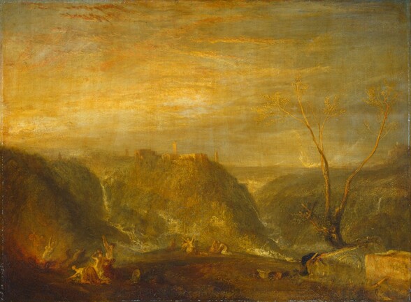 About a dozen people, tiny in scale, flail their arms or huddle in small groups in a vast, mountainous landscape in this gold-toned, horizontal painting. A grassy expanse stretches across the bottom edge the canvas into the middle distance, where it meets steep hills separated by deep valleys. White water, falls or rivers, separate some of the mounds. Two tall branches of a sparse, V-shaped tree cut into the sky to our right. The horizon comes about halfway up the composition, and the landscape and people are painted loosely so details are difficult to make out. The people cluster in two groups in the landscape, which is painted with tones of eucalyptus and laurel green. To our left, a person runs from what appears to be a fire-lined opening in the ground. A basket, a set of pan pipes, perhaps a cloak, and maybe some tools are gathered near the tree to our right. A walled building complex high on a flat hilltop in the distance is warmed to peanut brown by the setting sun. A blanket of dark buttercup-yellow and rust-orange clouds mostly hides an icy blue sky.