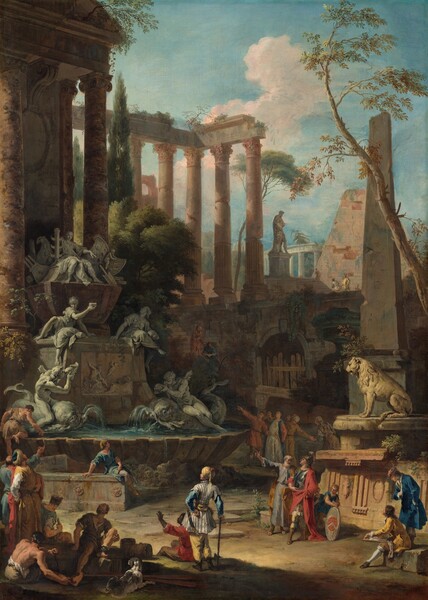 We look slightly down at an ornate fountain in a dirt and stone courtyard surrounded by about two dozen people, many of whom look at or gesture toward the fountain in this vertical painting. Most of the people have pale, peachy skin but one man, near the lower center, has dark brown skin and short black hair. The fountain has a broad, shell-shaped base filled with glimmering, aquamarine-blue water. In the basin, and as if carved from gray stone, two muscular, nude men blow horns as they ride stylized dolphins, which spout water into the pool. Two more people wearing robes sit atop a tall, pedestal-shaped form that rises from the back of the shell base. The person to our left holds aloft a bowl and the other holds a vessel on her lap as she turns to look up and behind her at the pinnacle of the fountain. There, a person, also carved from stone, sits on a throne and points down with one hand while the other, closer to us, rests on a short column with three flame-like protrusions up each side. He leans back against a short, curving ship with an oar coming through a porthole to our right. A nude, chubby, baby-like cherub straddles the rudder like a horse to our right. The sun falls down the front of the fountain, especially highlighting the middle tier and bottom shell-shaped basin, and it illuminates the people gathered around and near its base. One man to our left kneels on the edge of the basin and dips one hand in, as several others stand around it and look up at or point toward it. Most of the people wear robes, cloaks, and tunics in mustard yellow, tomato red, peach, white, and royal or light blue. A few vignettes draw the eye, including two men wearing chains on their ankles, are sprawled in shadow in the lower left corner of the composition. In that same cluster, two men stand and gesture toward the fountain while another sits at their feet. Nearby, the man with brown skin sits in front of a light-skinned man wearing a turban, a striped tunic, and a short sword hanging from his belt. The turbaned man stands with his back to us and rests his right hand on the handle of a pointed axe, using it like a cane. To our right, a person wearing an armor breastplate under a ruby-red cloak stands next to a balding man who also points up at the fountain. A young man wearing a lemon-yellow suit sits on a fallen block in the lower right corner of the composition, holding a board on his lap and presumably sketching the fountain, as a man wearing sapphire blue looks on. More people walk toward the fountain down in front of a gate to our right of the fountain. Beyond, plants and vegetation grow among ruins with columns, a stone obelisk, and a tall narrow pyramid. Pale pink clouds float in the pastel blue sky above. The artists signed their names as if written on the face of a stone block near the lower left: “B.” and “M.” next to “RICCI Faciebant.”