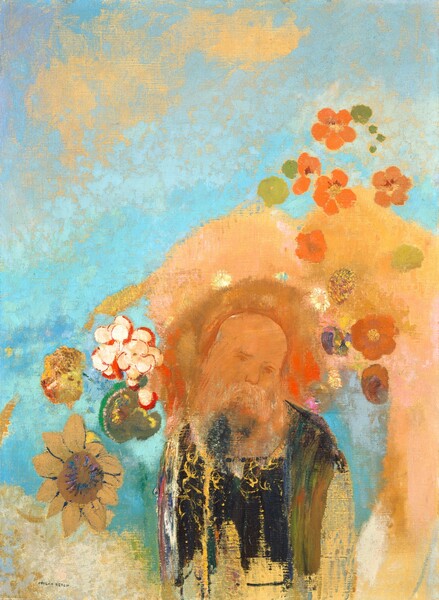 A balding man with peach-colored skin and a drooping white mustache is surrounded by flowers floating in a blue sky with apricot-colored clouds in this vertical painting. He is shown from the waist up facing us at the bottom center. He seems to wear a midnight blue tunic over a white shirt, but his clothing is loosely painted. He looks down to our right, and his head is surrounded by an area of brownish gold to create a halo-like effect. Upon closer inspection, the peach clouds turn out to be areas of bare canvas. A sunflower, orange flowers, and a cluster of white and red flowers float in the space around the man. Some areas are thnly painted, and strokes are visible throughout.