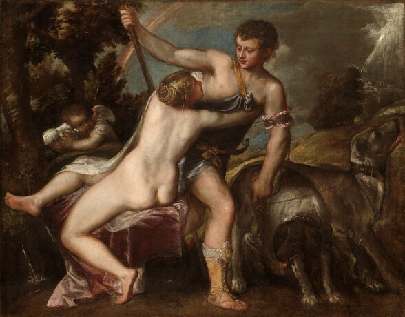 A seated nude woman reaches for and embraces a partially clothed man as he begins to stride away in this horizontal painting. A winged child holds a dove near his face to our left, and two dogs stand to our right of the pair. The woman sits facing away from us, twisting to our right. Her knees are bent with one knee raised as she leans back on her seat and turns to wrap her arms around the man’s chest. Her flushed face looks up toward the man. She has pale skin, and her blond hair is braided and coiled on the back of her head. A sheer white cloth drapes from her left shoulder, along the left side of her body, and over that knee. Her seat is covered with an orchid-pink cloth. The man strides to our right with his shoulders angled in that direction. He turns his head to look at the woman under lowered lids. He has short, curly brown hair, and his pink lips are parted. He wears a steel-blue toga tied in place with a gold band over one shoulder. A horn is tied around his waist with a gold sash. He wears a shin-high, laced sandal on the leg we can see. The arm closer to the woman is held high, that hand gripping a tall staff. He holds the leashes of the two dogs with his other hand, by his side. A pink band is tied around that upper arm. One bronze-brown dog stands facing our right in profile, while the other, closer to us, has a white body and a brown head, which hangs down as it looks to our left. Both dogs have floppy ears, and their mouths are open with their pink tongues hanging out. In the shadows just beyond the woman’s back knee, the winged baby hunches his shoulders while holding the white dove to his cheek. The cherub has short, blond hair, rounded, flushed cheeks, and small white wings. The elbow closer to us rests on a ledge or tree branch. A tree grows up next to the cherub, reaching off the top edge of the painting. A hill rises to our right in the distance, and a rainbow arcs against a pale blue sky screened with parchment-white clouds. A bright white flash in the upper right corner illuminates the trees beneath it.
