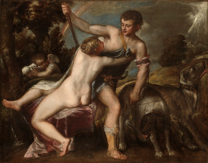 A seated nude woman reaches for and embraces a partially clothed man as he begins to stride away in this horizontal painting. A winged child holds a dove near his face to our left and two dogs stand to our right of the pair. The woman sits facing away from us, twisting to our right. Her knees are bent with one knee raised as she leans back on her seat and turns to wrap her arms around the man’s chest. Her flushed face looks up toward the man. She has pale, cream-white skin and her honey-blond hair is braided and coiled on the back of her head. A sheer white cloth drapes from her left shoulder, along the left side of her body, and over that knee. Her seat is covered with an orchid-pink cloth. The man strides to our right with his shoulders angled in that direction. He turns his head to look at the woman under lowered lids. He has short, curly brown hair and his pink lips are parted. He wears a steel-blue toga tied in place with a gold band over one shoulder. A horn is tied around his waist with a gold sash. He wears a shin-high, laced sandal on the leg we can see. The arm closer to the woman is held high, the hand gripping a tall staff. He holds the leashes of the two dogs with his other hand, by his side. A rose-pink band is tied around that upper arm. One bronze-brown dog stands facing our right in profile, while the other, closer to us, has a white body and a brown head, which hangs down as it looks to our left. Both dogs have floppy ears, and their mouths are open with their pink tongues hanging out. In the shadows just beyond the woman’s back knee, the winged baby hunches his shoulders while holding the white dove to his cheek. The cherub has short, blond hair, rounded, flushed cheeks, and small white wings. The elbow closer to us rests on a ledge or tree branch. A tree grows up next to the cherub, reaching off the top edge of the painting. A hill rises to our right in the distance, and a rainbow arcs against a pale blue sky screened with parchment-white clouds. A bright white flash in the upper right corner illuminates the trees beneath it.