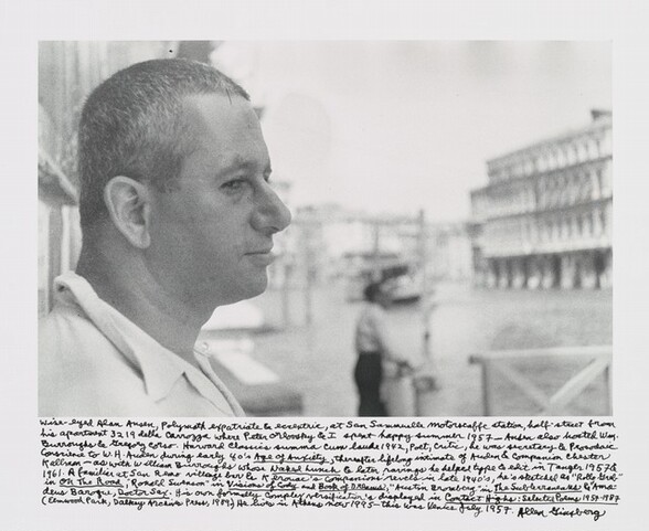 Wise-eyed Alan Ansen, Polymath expatriate & eccentric, at San Sammuelle motorscaffe station, half-street from his apartment 3219 della Carrozza where Peter Orlovsky & I spent happy summer 1957- Ansen also hosted Wm. Burroughs & Gregory Corso. Harvard Classics summa cum laude 1942, Poet, critic, he was secretary & Prosodic Conscience to W.H. Auden during early 40’s Age of Anxiety, thereafter lifelong intimate of Auden & companion Chester Kallman-- as with William Burroughs whose Naked Lunch & later ravings he helped type & edit in Tangier 1957 & 1961. A familiar at San Remo village bar & Kerouac