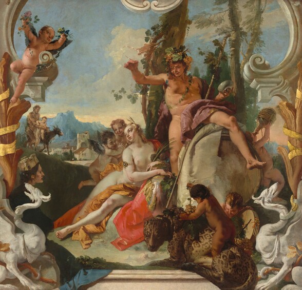 A man and woman are surrounded by six pudgy children, some with wings, against a deep landscape in this square painting. At the center of the composition, the man, Bacchus, sits astride a wine barrel, which is about half his height. Bacchus has tanned, peachy skin, and is nude except for a claret-purple cloth draped across his groin. He wears a crown of grapevines with gold and purple fruit and palm-sized leaves. A staff topped with grapevines leans across one splayed leg, and he holds a shallow bowl in his left hand, to our right. With his other hand, he lifts a delicate gold circlet lined with tiny, bright stars over the woman, Ariadne. He smiles down at her as she reclines next to the barrel, to our left. Ariadne has ash-white, pale skin with flushed cheeks. She looks away from Bacchus, up and to our left, with large brown eyes and her full lips closed. She leans on one elbow near the barrel so her legs extend to our left. A few stems of wheat are tucked into her blond hair. She is nude except for a gold-colored cloth over her groin and a cameo on a gold band around her upper arm. She holds flowers and more wheat in the crook of her elbow, which rests near a tall urn, and touches a grapevine and bunch of grapes that drape over the urn with the other hand. Two putto, one with wings visible, hover behind her right shoulder, to our left. Another child-like putto drinks wine from a rope-wrapped bottle behind Bacchus’s barrel, to our right. A putto holds a round tray and another stands astride a cheetah, who lies in front of the barrel. This final putto holds up a vine with golden grapes and more grapevines are next to the tray. We are separated from the scene by painted architectural features meant to resemble carved white stone. The cheetah’s backside dips over a step that parallels the bottom edge of the canvas. Imaginary creatures in the lower corners have the bodies of large cats, chests with women’s breasts, long necks, curling ears, and long-snouted dog’s faces. Tall, brown, leaf-like forms rising along each side of the painting are wrapped with gold ribbons. Stone molding curls into the scene from the upper corners like parentheses, and the innermost scrolling ends meet at the top center. One more putto, also with wings, leans against the volute to our left, holding up flowers with both hands. Most of the putti have pale or rosy skin and dark blond hair, except for the one standing over the cheetah, who has brown skin and dark brown hair. Tucked into the scene in the lower left, just past the imaginary creature there, another pale-skinned person with a long nose, pointed chin, and the suggestion of jowls is shown from the waist up, looking toward Ariadne. This person has short dark hair and wears a black garment and a square hat in the shape of a white stone castle. A dark green hill rises behind this person, and a satyr, a man with goat’s legs and horns, walks alongside a donkey on which another pale-skinned child rides. There are white buildings with brown roofs in the distance in front of rocky, powder-blue mountains along the horizon. Puffy white clouds tower against the ice-blue sky above.