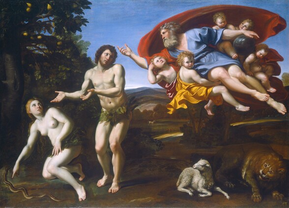 A nearly nude man and woman look up at a bearded man floating in front of a billowing red drapery in midair, accompanied by five chubby children in this horizontal painting. All the people have pale or peachy skin. The man and woman on the ground, Adam and Eve, take up the left half of the composition and are shown near a grove of trees. Adam, to our right in the pair, stands with knees bent, his body facing us. He holds both open hands, palm up, toward Eve, to our left. His head tips to our right and he looks up at the bearded man, God, with dark eyes under raised brows. Adam has a brown beard and curly hair. He wears a ring of leaves across his hips but is otherwise nude. His cheek and nose, hands, knees, and toes are pink, and muscles stand out on his torso, arms, and legs. To our left, Eve kneels on one knee and braces her other leg on her splayed toes. Her body is angled to our left, and she turns back to look up at Adam. She has long blond hair, and her skin is more pale than the others. She also wears leaves around her hips, and her torso and legs are bare. Her left hand, closer to Adam, rests on her thigh. With her other hand, she points to a striped snake on the ground. The trees behind them have dark green leaves and yellow fruit. The dirt ground beneath them has some scrubby green growth. Close to Adam, God and his attendants float above a lion and a lamb on the ground, all taking up the right half of the composition. God’s gray beard and hair blow back as if in a wind. He wears a topaz-blue, knee-length toga. His body faces us, and he leans to our left, almost horizontally, toes pointed off to our right. He reaches his right arm, to our left, toward Adam. His other arm stretches out and rests on a black orb, about the size of a basketball. He is supported to our left by two child-like angels, wearing brick red or golden yellow robes. Three smaller children, like toddlers, gather around the black orb. The red cloth billowing around God and the angels creates a shell-like form that surrounds them. The white lamb lies below and looks at Adam and Eve, and the lion crouches and looks off to our left. Trees and grassy knolls lead back to distant, blue hills. A horse and bear stand, tiny in scale, in the distant landscape. The horizon comes about halfway up the painting, and the vivid blue sky above is clear. In the lower right corner, the inventory number “F.7” is painted in yellow.