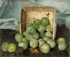 About two dozen round, pale green plums tumble out of an upended square wooden box onto a reflective, dark brown surface in this horizontal still life painting. Many of the plums have a frosty sheen and about half of them lie in a pile within the basket. The other dozen spill out of the box onto the wood tabletop. Most have stubby stems, and one, closest to us, has a longer stem with two browning leaves. The leaves and round fruit create reflections on the polished wood surface. The box was made by weaving broad sheets of light wood into a square. The layers are visible along the upper edge, which faces us. There are a few dark spots and imperfections in the wood. An ice-blue cloth hangs behind the box and crinkles in folds along the table. The artist signed the work in the lower right, “J.Decker.”