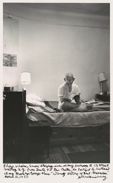 Philip Whalen, sensei staying over in my bedroom E. 12 Street, visiting N.Y. from Santa Fe Zen Center, he poetized & lectured at my Brooklyn College class Literary History of Beat Generation. March 16, 1987.