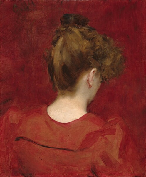 Facing away from us against a cherry-red background, the head and shoulders of a light-skinned woman wearing strawberry red, with her copper-brown hair piled atop her head, fills this vertical painting. Her body is angled to our right so her shoulders slope down in that direction, and we see the back edge of her right ear and the curve of her smooth cheek. Touches of coral pink outline the earlobe and sharpen the hollow below the top edge of the ear. Her hair is gathered into a bun on the top of her head, and curls flare out over her right temple. Her garment has puffy sleeves and a broad collar across her upper back. The neckline curves close to the base of her pale neck. The portrait is loosely painted, especially in the background, where black strokes are mixed into the red, and in the woman’s garment, where wide, visible brushstrokes create the impression of pleats and shadows. The artist signed the work in the upper left corner, “Carolus-Duran.”