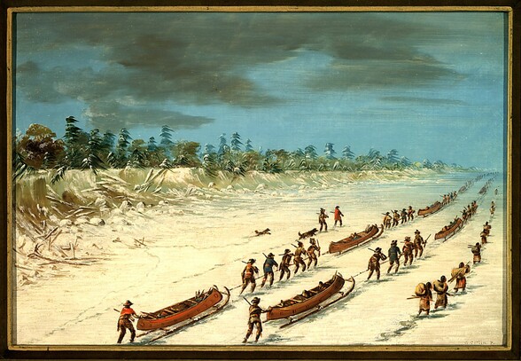 La Salle Crossing Lake Michigan on the Ice.  December 8, 1681