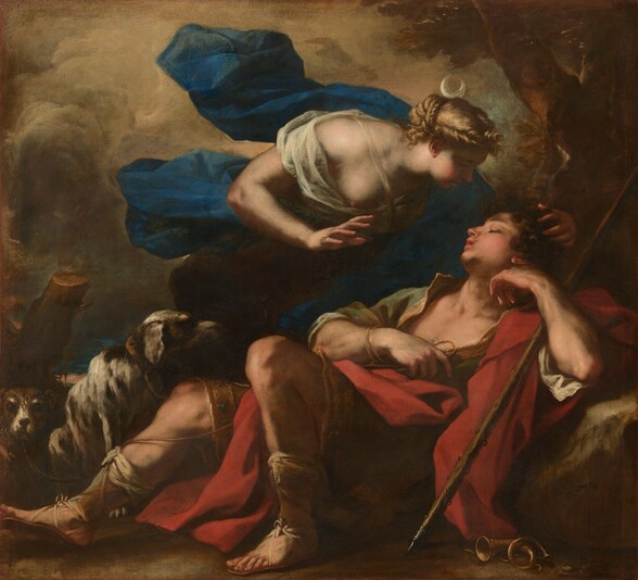 A young woman leans over to caress the head of a young man lying on the ground with his eyes closed in this square painting. The woman has pale skin and the man has a more peachy complexion. The woman is in the center with her body angled to our right, on the far side of the young man so we see her from the knees up. The hand closest to us is lifted with fingers spread, and she gently touches his hair with the other. A blond braid wraps over her forehead and another is plaited across the back of her head, which is topped by a crescent moon. Her ivory-white chemise exposes a bare shoulder and her breast, and a translucent sash crosses her chest. An ocean-blue mantle loosely wraps around her middle and the ends fly out behind. Soft light coming from the upper left casts her face in shadow and illuminates the young man who lies propped against a boulder to our right. He has curly, dark brown hair, and his mouth hangs slightly open. One arm rests across his waist and a rope or ribbon wraps around that wrist. His other arm is propped on the rock so that hand curls toward his neck around a long, thin staff. A brass horn lies on the ground nearby. A crimson-red cloak drapes around his moss-green tunic, which is open at the neck to expose a smooth, wide chest. One leg is bent with his sandaled foot resting on the ground while the other is partially extended. Two shaggy, white and brown dogs sit at his feet on the left side. One looks at the man, the other at us. A broken tree trunk juts into the scene at the center left edge, and a tree grows up along the right side just beyond the man. Towering gray and tan clouds fill the sky. The artist inscribed in the lower right, “Jordanus / F.”