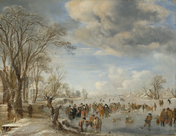 Dozens of people stand, skate, play a game like hockey, or ride horse-drawn sleds on a frozen river that winds along a town to our left and into the distance in this nearly square landscape painting. The horizon comes about a quarter of the way up the composition, and the sky above is filled with ivory-white clouds billowing up against a pale blue sky. Some of the men wear tall hats, hip-length capes over jackets, and breeches over stockings, while others are more simply dressed with rounded hats. Several of the women wear wide, pleated, plate-like neck ruffs, fur muffs, and long dresses, while others wear aprons over peanut-brown and muted blue dresses. The scene is alive with activity, including a man looking at us as he balances rakishly on one skate near the lower right corner, and a young girl sitting in a sled and pushing herself along with sticks nearby. The trees lining the snow-covered, riverside path are bare and the village to our left is painted in tones of pale tan and white. In the distance the snowy earth blends into the soft blue sky and fluffy clouds above. The artist signed the work as if he had painted his name and the date on the face of a wooden fence in the lower left corner: “AV DN 1645.”