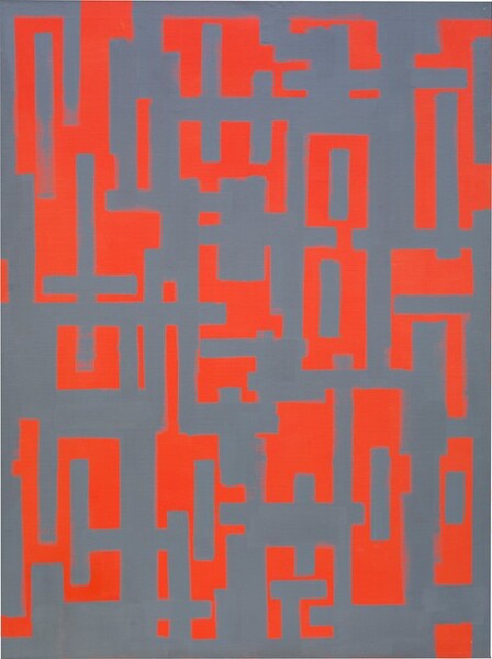 Orange-red and battleship-gray geometric forms are arranged in a loose grid in this vertical, abstract painting. Made entirely of vertical and horizontal lines, the forms are reminiscent of letters or hieroglyphs. Sometimes the red forms seem to float in front of a gray background, but then the contrast will flip so the gray comes forward, creating a subtle optical illusion.