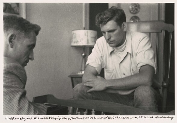 Neal Cassady and Al Hinckle playing chess, San Jose 1955 (or Gough Street) (S.F.) -- both brakemen on S.P. Railroad.