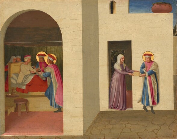 A group of four people gather around a person in a bed, seen through an open doorway to our left, while a man and woman stand near a second doorway of a beige building in this horizontal painting. All the people have pale skin. Seen through the arched opening in the room to our left, two people with flat, plate-like gold halos offer a vessel to the person sitting up in bed. The people with the halos wear raspberry-pink and white cloaks over aquamarine-blue robes. They each also wear a cap with a red, mushroom-like top over a white band that encircles the head. The person sitting up in bed wears a white robe, and her lap is covered with a red blanket. Two more people peer over the headboard behind her. A three-legged stool and a tray with a ewer sits near the bed. In the arched opening to our right, a woman wears a lilac-purple dress with a white head covering that drapes over her shoulders. She holds out a straw-colored box, perhaps a basket, to a man with a gold halo, who also wears pink and white cloaks over a blue tunic and the red cap. He holds one hand up in front of his chest and reaches for the box with the other. The door to our right is set back and the ground in front of it is covered with paving stones. Atop the wall over the right-hand door sits a wide, rounded pot with dark green plants, in front of a sliver of topaz-blue sky. There are cracks across the surface of the panel, especially visible in the building’s flat façade.