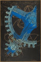 Two gears with interlocking sprockets, painted in shades of cobalt, slate, and sky blue and shown against a black background, nearly fill this abstracted, vertical work. A large gear, situated to our upper right, takes up most of the composition and extends off the top and right edges. It is marked with a number 2, and the much smaller gear, to our lower left, is labeled with a gold number 1 at its center. Circles and straight and curving lines cluster around and over the gears, and are drawn in metallic gold against the dark background but continue in black where they cross the gears. An inscription in gold capital letters across the top reads, “MACHINE TOURNEZ VITE.” In the lower left, it reads, “1 FEMME” and “2 HOMME.” The artist signed the work in lower right in metallic gold letters: “Picabia.”