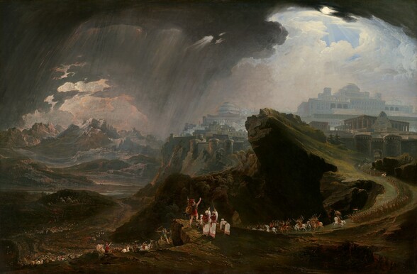 Armies of men march and battle along a rocky outcropping set among huge rock formations and massive buildings under a stormy sky in this horizontal landscape painting. The people we can see all have pale skin. Sheets of rain fall from flint-gray clouds on our left into a valley, though hints of peach brighten the clouds along the mountainous horizon there. In the right half of the sky, light pours down from a brilliant white sun that breaks through white clouds to reveal topaz-blue patches of sky. The horizon comes about halfway up the composition and is lined with rugged white, pale pink, and olive-green mountains on our left and silvery-white buildings along the right half. These structures include two domed buildings and a colosseum among many others. The buildings are all enclosed within city walls buttressed with towers. The land dips precipitously from the rocky cliffs supporting the buildings, to sweep down toward us. A huge outcropping angles up like a ramp between us and the buildings in the distance. A road runs from the walled town toward us, down along the ridge and in front of the outcropping. Countless warriors march in rows of four or five across on the road past a man wearing a feathered helmet and armored breastplate. This man, Joshua, stands on a rocky precipice facing away from us with his right hand raised. He wears a scarlet-red toga under his breastplate, and a royal-blue cape flutters at his left side. He holds a round, copper-colored shield and a spear in his other hand. Two men with gray beards stand near Joshua with their backs to us. Both gesture up to the sky. One holds a slender staff and the other a curling horn. They and another pair of men, who stoop to hold poles used to carry a chest, all wear long, ivory-white robes, cherry-red drapery, and white turbans. The column of soldiers on foot and horseback pass in front of Joshua to a massive battlefield to our left. The fight takes place in a valley that leads back to a river. A bolt of lightning zigzags from the storm clouds and strikes a city in the deep distance. The artist signed the painting in the lower right, “J. Martin.”
