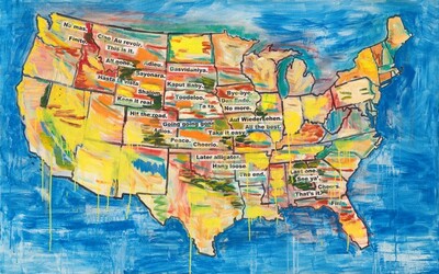 A map of the United States has black outlines for the states and is loosely painted, mostly in lemon yellow, but there are also streaks in indigo blue, turquoise, crimson, brick red, pink, pine green, and marigold orange. Some streaks drip down the canvas within the map and onto the azure-blue background surrounding the map. Snippets of black text against a white background, like newspaper or magazine clippings, are arranged to create a loose band from the upper left corner, in Washington state, to the lower right, in Florida. They read, 