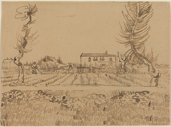 Drawn with brown ink on tan paper, fields stretch away from us toward three farm buildings and a man walking behind a plough pulled by a horse in this horizontal landscape. The grass and plants in the field closest to us are suggested by tightly packed clusters of parallel, short, vertical strokes and curlicues. Just beyond it is a gap, suggesting a road, and another field made up of rows of short strokes angled slight to the left or right that recede toward the man and buildings. Two twisted trees, each with a gnarled trunk and spiky branches, stands to our left and right where the more distant fields meet the road, near the sides of the paper. The trees reach high into the blank sky above them. Farther back and to our left, the man and horse are drawn with only a few strokes each, shown facing our right in profile. Beyond them, vertical lines of varying heights, with some intersected by horizontal lines, separate the field from the farmhouses. We see the top level of the three loosely drawn buildings along the horizon line, which comes just under halfway up the composition. The largest is a long rectangular structure just right of center with a few windows scattered across its facade. To the left, beyond the horse and ploughman, is a smaller square structure with a peaked roof. On the far left, the third building has two dots suggesting windows. More thin, vertical strokes appear beyond the buildings, and a low bank of puffy clouds hovers just above the horizon on the right side. Some outlines in graphite are visible under or near the ink lines.