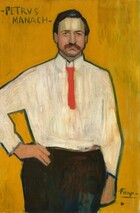Shown from the thighs up, a light-skinned man stands facing us in front of a harvest-yellow background in this loosely painted vertical portrait. The man’s body faces us, and he looks out with dark, heavy-lidded eyes under low, angular brows. His skin is pink on his full cheeks and streaked with light green on his forehead. A wide brown moustache droops over a prominent, square chin. His short brown is neatly combed over his head. His collared, long-sleeved white shirt is painted with mostly vertical strokes. A short vivid red tie falls about halfway down his chest, and he wears dark pants. His right arm, to our left, is planted on that hip, and his other arm hangs by his side. The man’s features and his clothing are outlined with teal green. The name “PETRVS MANACH” is painted in forest-green letters in the upper left corner of the rich yellow background. The artist also signed the work in the lower right corner, “Picasso.”