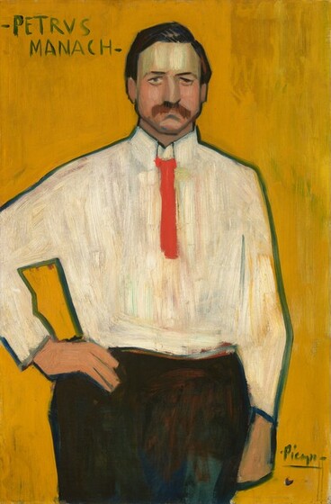 Shown from the thighs up, a light-skinned man stands facing us in front of a harvest-yellow background in this loosely painted vertical portrait. The man’s body faces us, and he looks out with dark, heavy-lidded eyes under low, angular brows. His skin is pink on his full cheeks and streaked with light green on his forehead. A wide brown moustache droops over a prominent, square chin. His short brown is neatly combed over his head. His collared, long-sleeved white shirt is painted with mostly vertical strokes. A short vivid red tie falls about halfway down his chest, and he wears dark pants. His right arm, to our left, is planted on that hip, and his other arm hangs by his side. The man’s features and his clothing are outlined with teal green. The name “PETRVS MANACH” is painted in forest-green letters in the upper left corner of the rich yellow background. The artist also signed the work in the lower right corner, “Picasso.”