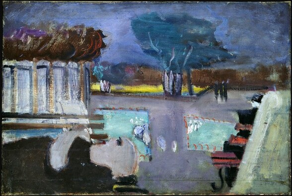 Untitled (figure lying on park bench)