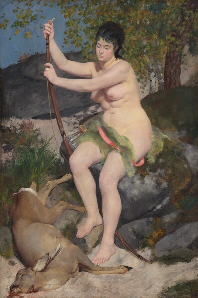 A pale, nearly nude woman with dark hair sits on a mossy rock, holding an archer's bow, with a dead deer at her feet in this vertical painting. Her body is angled to our left and she looks down toward the animal with dark eyes. Her hair is pulled up, and her pale pink lips are closed. She is covered only by a light, celery-green cloth and rose-pink ribbon across her hips. She has full, round breasts and curving belly, hips, and thighs. The deer’s legs face the woman as it lies on the ground, but its head is pulled back at a dramatic angle into the lower left corner, seeping blood from the mouth and from a slash across its neck. A quiver of arrows lies to the woman’s right, farther from us, on the moss-covered rock on which she is seated. More boulders behind her create the impression of hills, nearly filling the composition. Trees grow up against a corner of pale blue sky above.