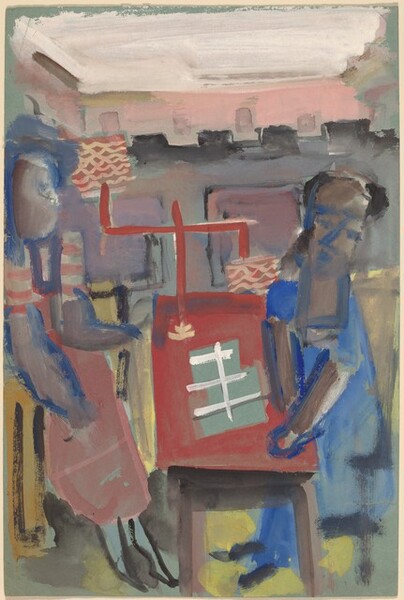 Two Figures Seated at a Red Table