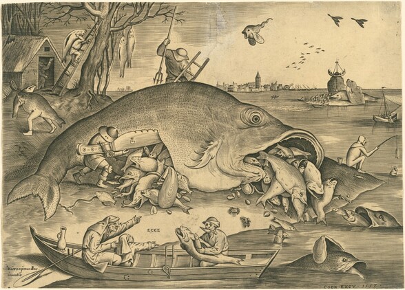 Printed with fine black lines on light tan paper, a whale-sized fish spilling smaller fish from its gaping mouth and a gash in its belly fills a beach in this horizontal engraving. The fish lies on its side with its belly facing us, and one bulging eye peers off to our right. A man wearing a helmet holds a knife twice his own size with the blade up as he cuts the fish’s belly. Fish and scallop shells of all sizes tumble from its cavernous mouth and side. Several fish also have smaller fish in their mouths. On the far side of the fish, a man stands on a ladder braced against the enormous creature, holding a raised trident as he looks down, his face covered by the wide brim of his hat. On the land to our left is another smaller fish with human legs, which carries a fish in its mouth. It passes a man who carries a fish on his back outside a dilapidated cottage as he climbs a ladder leaning against a tree. Two other fish hang from the tree’s branches. Around the shoreline to the right, fish surface with more fish in their mouths. A man and a boy wearing tunics and long headdresses sit in a rowboat close to us, pointing as a second man in the boat holds a knife in his teeth and pulls a small fish from the body of a larger one. Another man sits on the beach further up the shoreline, about to catch a fish using fish as bait. The water stretches back to a town in the far distance. Boats float in the middle distance and some approach another whale-sized fish beached on a small island behind a tall rocky outcropping. About a dozen people with spears gather on the island around that fish. A flock of birds fly in silhouette in the distance beyond the island. A flying creature closer to us has a scaly body, gaping mouth, wavy tail, and tear-drop shaped wings. The print is inscribed in the lower left, “Hieronijmus.Bos. inuentor” and in the lower center, “ECCE.” The lower right is inscribed, “COCK. EXCV. 1557.”