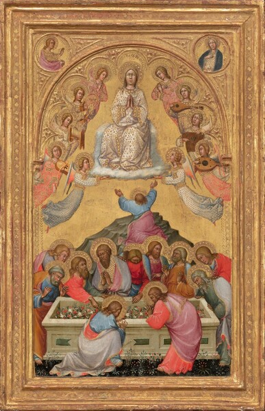 A woman, Mary, sitting on a throne is surrounded by ten winged angels, floating above a landscape with twelve people gathered closely around a long, rectangular, stone box filled with flowers, all set against a brilliant, gold background in this tall, vertical painting. The corners above the arched top of the panel are filled with a person, shown from the waist up, in a round frame to each side. Mary and the angels have pale, peachy skin and the men below have more tan complexions. Each person’s head is surrounded by a flat, gold halo. Mary’s blond hair is covered by a veil and she wears a white robe decorated with a pattern of starburst-like, gold shapes and edged in gold. She holds her hands together in prayer and looks upwards. She sits on a light blue, cloud-like form, which is held up by two angels. The other eight angels look on, four to each side. Six of them each play a different musical instrument, and the top two cross hands across their chests. The angels all have honey-blond hair and wear flowing robes in cranberry red, steel gray, creamy white, or pale sky blue. The people kneeling or bending over the coffin-sized, stone box below wear gold-trimmed robes in azure blue, lilac purple, raspberry pink, marigold orange, sage green, or coral red. All but one is bearded, though the face of one, opposite us, is half-hidden behind the outstretched arm of his neighbor. One man, to our left, points into the box, which is filled with white and crimson-red flowers and pine-green leaves, and others look into the box, up, or at each other. The box is inlaid with teal-green inset panels on the side we can see. Grass and flowers grow below. Beyond the box and people, and between them and Mary above, a person kneels on an olive-green, rocky outcropping with hands raised upwards. The roundels at the top corners are occupied by a person wearing a mauve-pink robe over a gold garment to our left and a blue robe over a white and gold garment to our left. The entire panel is surrounded by a gold frame carved with steps and moldings.