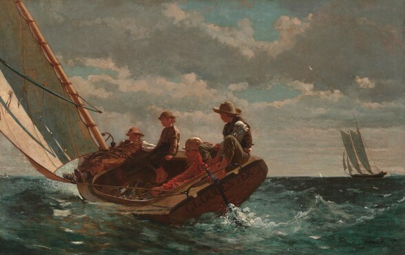 Close to us, a young man and three boys sit or recline in a small sailboat that tips to our left on a choppy dark green sea in this horizontal painting. The billowing sail extends off the top left corner of the canvas and is echoed in the background to our right by the tall sails of another ship in the distance. The horizon line comes about a third of the way up the composition, and puffy gray and white clouds sweep across the turquoise sky. The sun lights the scene from our right so the boys’ ruddy faces are in shadow under their hats. The young man and boys all face our left so they lean against and into the boat as it cants up to our right. The boy nearest the sail to our left reclines across the bow. Next to him to our right, a younger boy perches on the edge of the boat and holds on with both hands. The oldest, in a red shirt, sits on the floor of the boat as he maneuvers the sail with a rope. Closer to us and to our right, a younger boy sits with his bare feet pressed together in front of his bent knees on the back edge of the boat, gazing into the distance over his right shoulder as he handles the tiller. The artist signed and dated the painting in dark letters in the lower right corner: “HOMER 1876.”