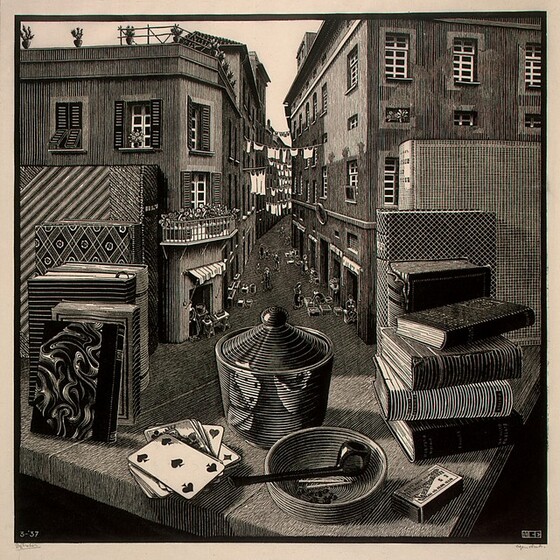 We look across the corner of a wooden table piled with books, playing cards, a pipe, matches, and a covered vessel out into an alley between two tall buildings in this square woodcut print. The scene is printed with black ink on cream-white paper. The corner of the table juts toward us, and we realize that the surface of the table seamlessly becomes the floor of the alleyway beyond. Closest to us, on the table, a pipe and two matches rest in a shallow bowl. A five of spades is face up on the pile of cards to our left, and the pipe, bowl, and cards are reflected in a vessel behind them. The vessel has ribbing or ridges around the sides and along the conical cover, radiating out from a ball-shaped handle. A box of matches sits next to the bowl, to our right. Four books are stacked in a pile to our right, against three taller standing books. Six more books, standing with their spine facing inward, are to our left. The farthest books on both sides rest against the side of the buildings that line the alley, as if the buildings were bookends. The buildings each have three or four stories lined with rectangular windows, some with shutters. There are a few retracted awnings, and lines of white laundry are strung between the buildings in the distance. The roofline of the building to our left nearly reaches the top edge of the paper, and the roof of the building to our right is cut off by that edge. People, tables, and goods, tiny in scale, line the shop openings along the bottom floors of the buildings. The numbers “3-‘37” appear in white against black in the lower left corner of the printed image, and the blocky letters “MCE” appear to the lower right. Pencil inscriptions in the margin beneath each corner of the printed image cannot be made out.