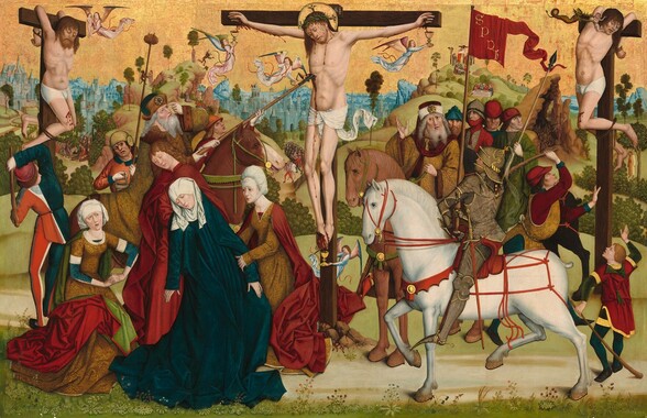 About a dozen men and women gather around three men hanging from wooden crosses, all against a deep landscape beneath a shiny gold sky in this horizontal painting. All the people we can see have pale or tanned skin. The men on the crosses wear only white loincloths, and a gold halo encircles the head of the man in the middle, Jesus. Jesus hangs with his hands and feet nailed to the cross, and a man on the ground has pierced his right side with a lance. Blood drips down his face from a ring of thorns. Four winged angels, small in scale to the rest of the people, catch the blood pouring from the nails in his hands and feet, and the wound on his side in golden chalices. The crosses to either side angle in toward Jesus, and the men are tied to them with their arms hooked backward over the crosspiece. Their legs are tied to the vertical beam of the cross, and they bleed from wounds on their thighs. Near the head of the man to our left, an angel hovers and holds up a miniature man, like a doll. The man on the cross to our right turns his head away from the demon holding out another miniature man. Across the bottom of the composition, the people in the crowd wear garments in ginger brown, cranberry and burgundy red, and olive green. Three women, two young men, and a man on horseback are tightly clustered on the ground in the left half. The woman closest to us, Mary, wears a marine-blue gown and a white head covering. She is partly slumped to one side, supported by a woman on her left, to our right, and a young man standing just behind her. The third woman kneels on Mary’s other side, near the lower left corner of the composition, with her hands clasped together. Behind the women, the horse and its elderly, bearded rider and the cleanshaven man piercing Jesus’s side with a spear both look up at Jesus. The rider touches his left eye with the index finger of that hand, and short, red rays emanate from his eyelid. Near the back end of the horse, a man holds a bucket and a long pole supporting a sponge in a U-shaped crook at the top. A cluster of eight men are gathered in the lower right half. Two are on horseback, and the rider closest to us wears peanut-brown armor and helmet. He holds a tall staff with a red pennant bearing the letters “SPQR.” Beyond the crosses, pale green hills topped with trees and bushes lead back to a town skyline painted in shades of baby and teal blue. Scenes with people, tiny in scale, are scattered across the city and landscape. There, a crowd greeting a man entering the city on a donkey is seen in the distance to our left. A group lowers a man from a cross on a hill to our right, and a man hangs from a tree along the right edge of the composition. The gold sky fills the top quarter of the scene.