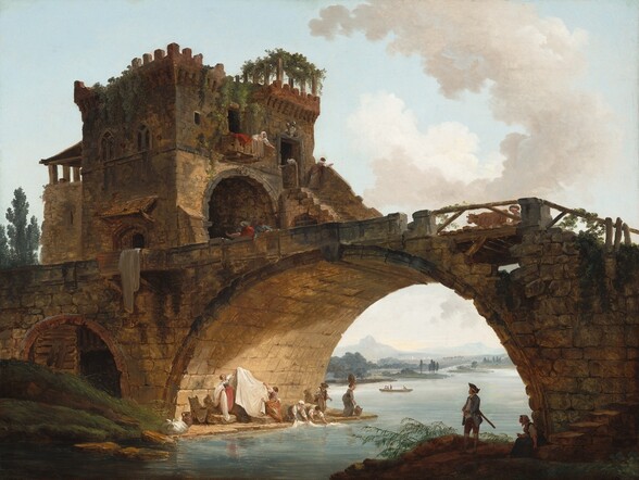 A rustic, arched, stone bridge spanning a shallow river nearly fills this horizontal landscape. From low to the ground, we look up into and through a large arch, which occupies the lower half of the picture and frames a view that opens to a wide expanse of calm, pale blue water, wooded green riverbanks, and a misty, distant view of a village and a mountain. The horizon line comes a quarter of the way up the painting, and a smoke-colored cloud formation curves like a backward C against the ice-blue sky above. The bridge structure is made from stacked, sandstone-colored stone blocks to form heavy piers. Vegetation grows on the crumbing bridge and gaps indicate other stones are missing. The bridge’s deck runs across the center of the painting, rising slightly from left to right. Atop it, occupying the top left quadrant of the painting, sits a square stone two-story tower that encloses an arched passage over the bridge’s roadway. Groups of people, small in scale, are positioned on and around the bridge. At the river level, on a platform around a bridge footing, four women do laundry. Two pull sheets from the water and two bend on their knees to wash the linens in the river. They wear long skirts of slate blue, cranberry red, and ochre yellow with pinafores and white blouses rolled up to the elbows, with their hair pinned up. A bearded man in brown trousers, white shirt, and brown hat appears to talk to them. Another woman standing nearby in a dark, slate-gray dress balances a large, dark brown ceramic ewer on her head and reaches to pick up another resting at her feet. Warm yellow light illuminates this scene and the underside of the bridge, and reflects on the river. On the bridge deck above, a brown steer is herded across the bridge by a person wearing a wide brown hat, while three people in red, slate-blue, and white clothing are about to pass through the tower passage on the left. Immediately above them, a woman in a white blouse and head scarf appears at a small balcony with what looks like a red dress draped over it and gestures with an extended arm toward a white cat crouched on a railing below. Another woman to our right, in a brown dress, white blouse, and brown hair, stands at the top of a flight of steps leading up the far side of the tower with her back toward us, and she gazes out at the view. On the water below, a small boat with several people is rowed across the river in the middle distance. In a shadowed area at the foot of the bridge, closer to us, a man stands wearing a pointed hat, blue jacket with buttons, and high boots with a sword tucked under his arm. Behind him, a woman in a dark green dress and kerchief sits on a stone step. Both look toward the scene under the bridge with the washerwomen.