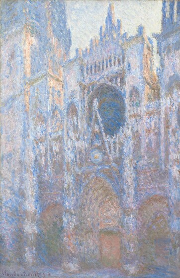 We look up at the exterior of a church that soars the height of this vertical painting. The church is painted with visible dabs and strokes of azure blue, peach, lavender purple, and camel brown to create a blurred look, as if seeing a reflection in the rippling surface of a puddle. The church façade is angled to our left, away from us. The main door and its surround takes up the center of the composition, where a rectangular door is set within nested, pointed arches that lead up to a narrow, tall, triangular gable. The point of that gable overlaps the round, dark rose window, which is the same width as the portal surround below. Spires flank the central section and rise precipitously off the top edge of the painting. The sky above is painted with daubs of white and pale blue. The artist signed and dated the lower left, “Claude Monet 94.”