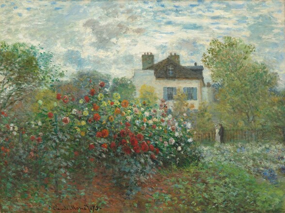 A bank of flowering bushes, possibly roses, fills most of an enclosed garden in front of a white house in this horizontal landscape painting. The scene is created using visible dabs and strokes of scarlet red, pale yellow, rust orange, and shell pink for the roses and kelly, teal, and forest green for the greenery. The cloud of flowers fills most of the left two-thirds of the composition, and dabs of shamrock and moss green and delphinium blue indicate grass and other plants around it. To our right of the roses, a couple walks near a fence in the distance. Painted with only a few strokes and touches of paint each, one person wears a white dress and hat, and the other a dark gray suit and hat. A celery-green tree grows up the right edge of the canvas and curves toward the ivory-white, three-story house. The upper story is tucked under a pitched, ash-brown roof and aquamarine-blue shutters flank the windows. More trees surround the house and line the fence line. Brushstrokes in white and nickel gray suggest clouds against the ultramarine-blue sky. The artist signed and dated the painting in black near the lower left corner: “Claude Monet 73.”