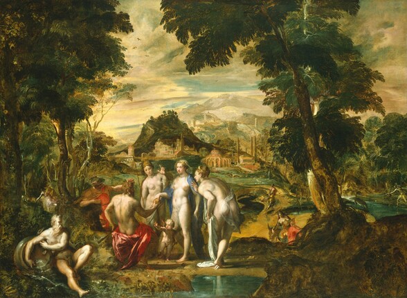 Three nude women, three men, and a child stand or sit under the canopies of trees close to us as others move through a deep mountainous landscape in this horizontal painting. The people all have pale skin and muscular proportions. The women also have blond or light brown hair and delicate facial features. The women stand facing us and a nude man, who sits with his back to us at the bottom center of the composition. The man, Paris, sits on a ruby-red cloth and holds out a round, golden apple in one hand. The woman at the center of the trio takes the apple from him. A winged, nude, baby-like putto standing at her feet reaches one hand toward Paris and holds a bow down by his side in his other hand. Translucent white cloth covers that woman’s head and wraps in front of her groin, and a sapphire-blue robe falls from her shoulders. The woman to our left wears a gold helmet. She has a spear on one side and holds the index finger and thumb of the other hand up. The woman to our right hunches forward as she leans, also with one hand up, toward the apple while looking at Paris. She wears a gold tiara and white cloth falls from her shoulder and flutters over her buttocks. Just beyond Paris and to our left, another man leans one elbow against a tree stump and raises the other hand toward the trio of women. He holds a staff with two intertwining serpents in one hand and wears a brimmed cap with gold wings and a harvest-yellow robe over a red tunic. A bearded man sits beside an overturned urn near the lower right corner. Water pours from the vessel to a river along the bottom edge of the canvas. Trees with dark green canopies frame the scene, which opens onto a vast landscape beyond the women. A man pursues a woman in the shadows of the trees to our left. A woman and child ride a donkey as another woman walks alongside it in the near distance beyond the trees to our right. Deer drink from the river, which winds into the distance, and a man walks over a natural bridge there. Faint white dots suggest sheep grazing on a grassy field in the distance, which leads back to a building complex. A round structure there is surrounded by panel-like buttresses. Three obelisks stand around what might be a tomb. More buildings and statues are hazy where the land meets the horizon, about two-thirds of the way up the composition. Ivory-white clouds are streaked across a turquoise-blue sky above.