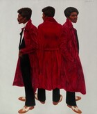 It seems that the same man, with dark brown skin, a black afro, mustache, and goatee, and wearing a cardinal-red coat over a black suit, is shown three times—once from the back at the center and facing the left and right edges of the canvas to either side—in this vertical portrait painting. All three views of the man float against a paper-white background. The man has a deep-set eyes under black brows, a wide nose, and high cheekbones. His thin mustache frames full lips, which are closed in all three views, and a line of black hair grows down his pointed chin. He wears a jet-black suit over a bright-white turtleneck shirt, and honey brown and ivory white wingtip dress shoes. The collar of his shin-length, red coat is popped up and the belt hangs loose in three views. In the version to our left, he faces that direction in profile with his eyes closed as he pulls the coat back to tuck his left hand, closer to us, into the pocket of his suit jacket. With his back facing us at the center, he turns his face to our left so we see the side of his cheekbone, the tip of his nose, and his eyelashes outlined against the white background. In the view to our right, his body faces that direction with the hand closer to us tucked into the coat pocket, and he turns his head to look toward or at us with shadowed eyes. The artist signed and dated the painting in the upper right corner: “B. Hendricks 72.”
